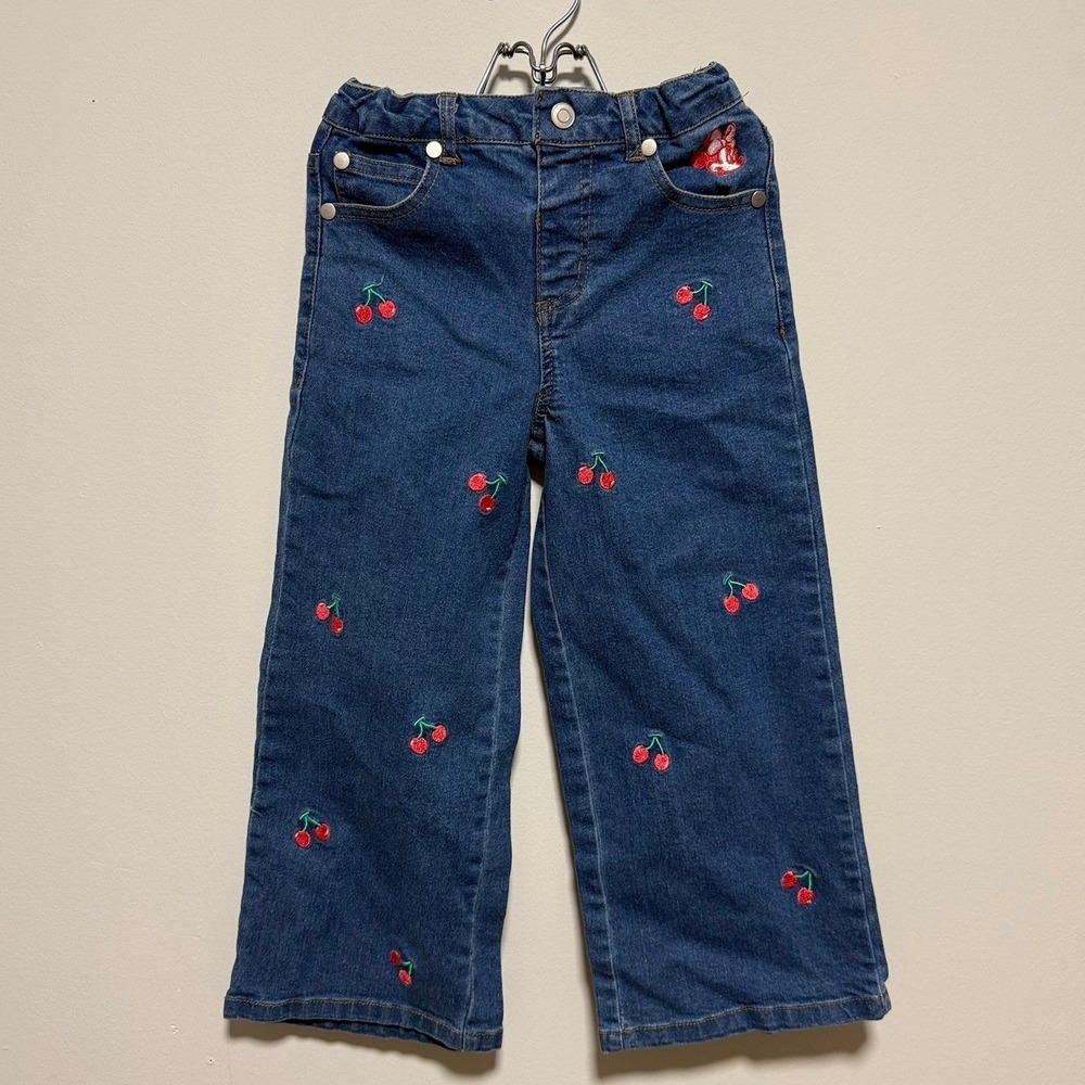 Disney Minnie Mouse Girls Blue Cherry Embroidered Wide Leg Jeans Size 5